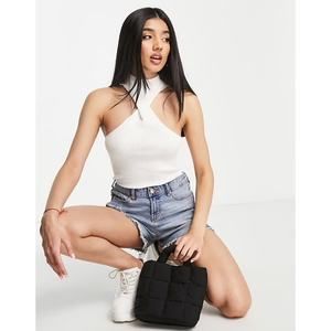 Vamp Official White Mock Neck Twist Ribbed Crop Top - M